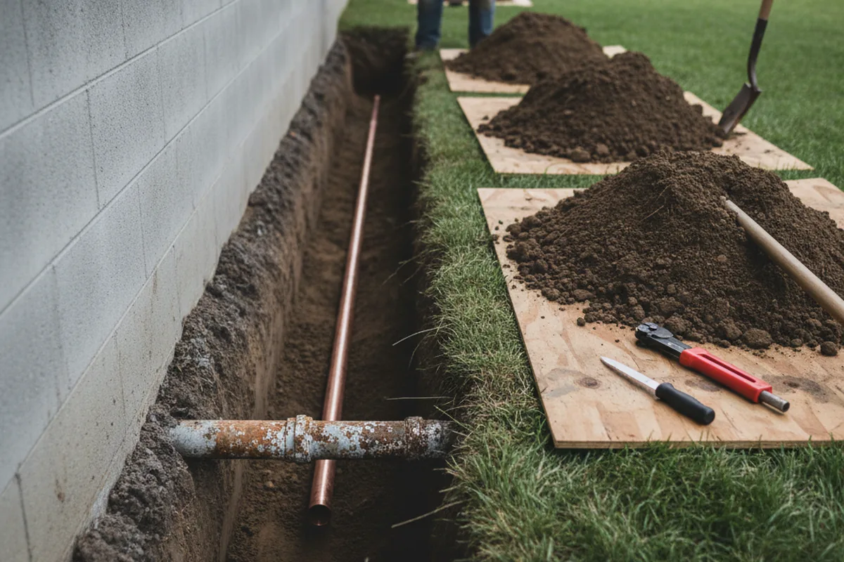 Excavated water line trench during Water Heater Repair in Overland Park